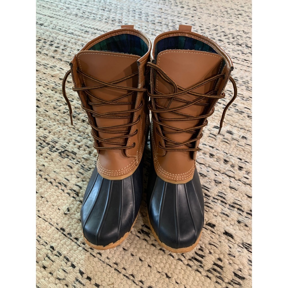 Lands End Duck Boots Womens 7.5 Tan Navy Plaid Lined Gorpcore Vintage Retro